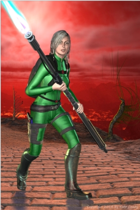 A blonde woman, dressed in green and holding a blazing plasma staff weapon, standing on a road against a red sky in a rocky volcanic wilderness. There are bizarre plants behind her.