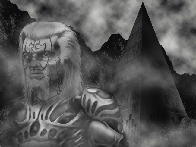 A portrait of a rugged, fair-haired bearded man with a strangely marked face, outside a tall pyramid, in a dark and desolate land.