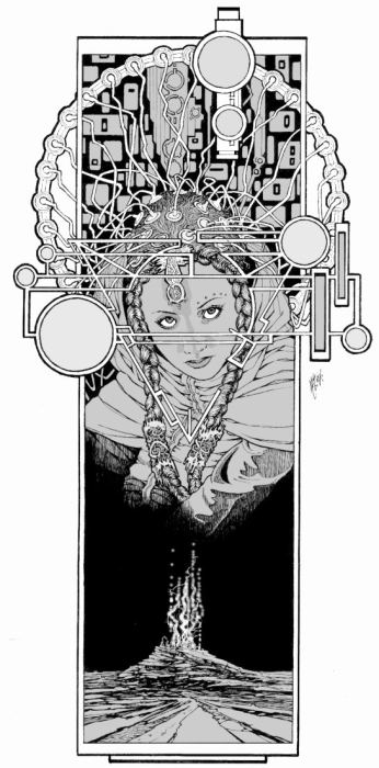 A young woman wearing an elaborate electronic headpiece that resembles a headdress, surrounded by other machinery.