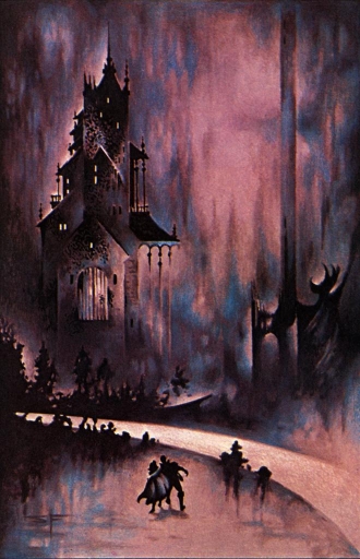 A man and a cloaked woman confront a high, ominous, gabled Gothic house, beside a road in darkness.