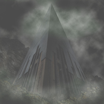 A tall, steep pyramid in a dark land, surrounded by mist