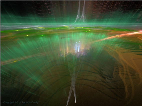 A landscape with unexplained lights, glowing lava, old pahoehoe, a hint of an old straight road green auroras, and the beams of searchlights carried by two explorers.