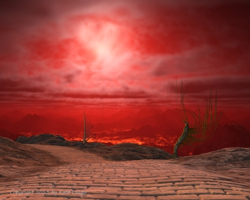 A red sky over a cobblestone road that leads past alien plants toward a land of lava.