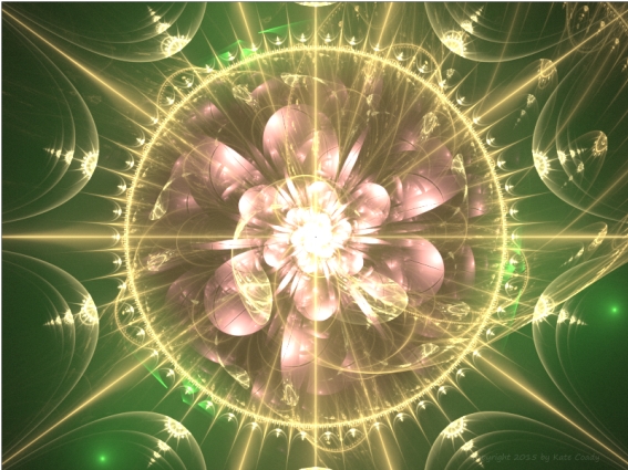 A dusty pink flower in a gold radiant dial on a green background.