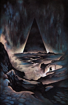 A traveller through a rocky landscape beholds a tall pyramid in darkness.