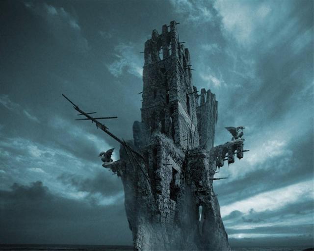 A strange broken tower with spars wrecked on it, beneath a stormy sky.