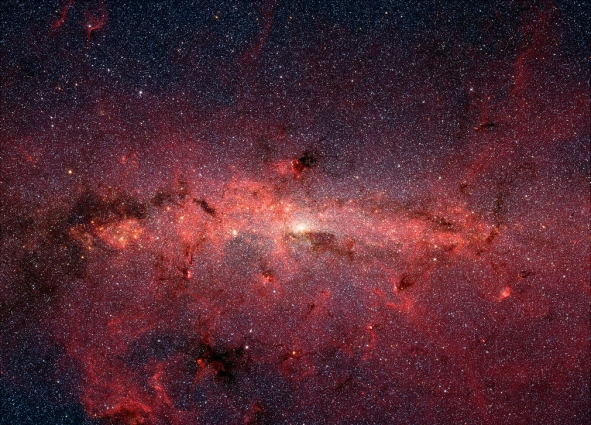 The center of the Milky Way, as seen by the Spitzer infrared space telescope, in red.