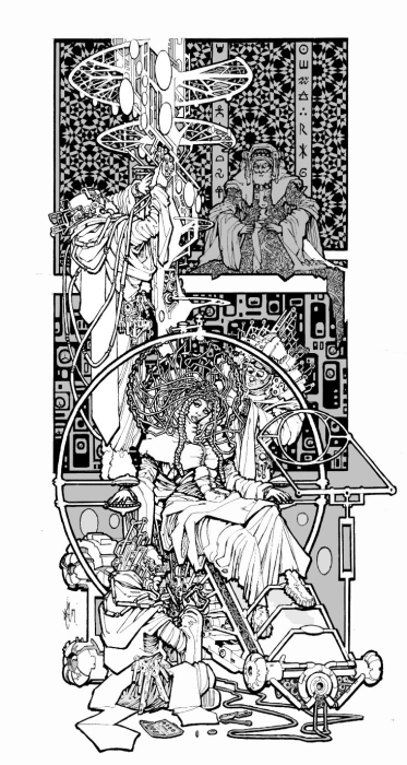 A young woman wearing an elaborate electronic headpiece that resembles a headdress, seated in a chair and surrounded by other machinery and technicians.