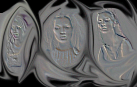 Three women, in stylized grey.
