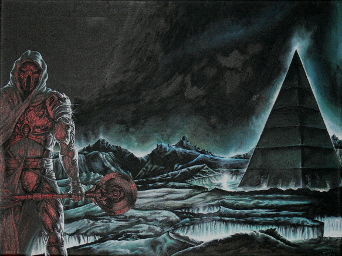 An armed warrior outside a steep-sided pyramid in a desolate land, beneath a black sky