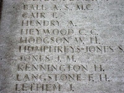 A stone monument; carved on it are the names of William Hope Hodgson and other British soldiers killed in the First World War.